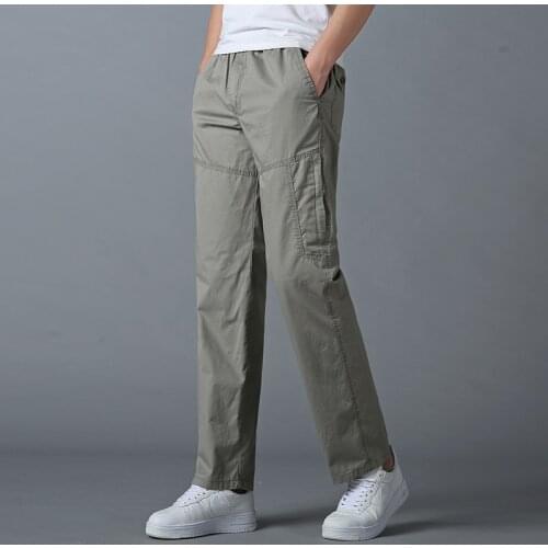 Mens Straight Leg Casual summer Pants Cotton Comfort drawstring Cargo pant with Full Elastic Waist khaki Relaxed Fit sweatpants