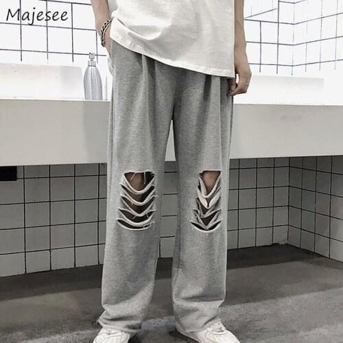 Casual Pants Women Hole Summer Design Loose Wide Leg High Waist Drawstring Solid Student Korean Style Simple Feminino Trousers