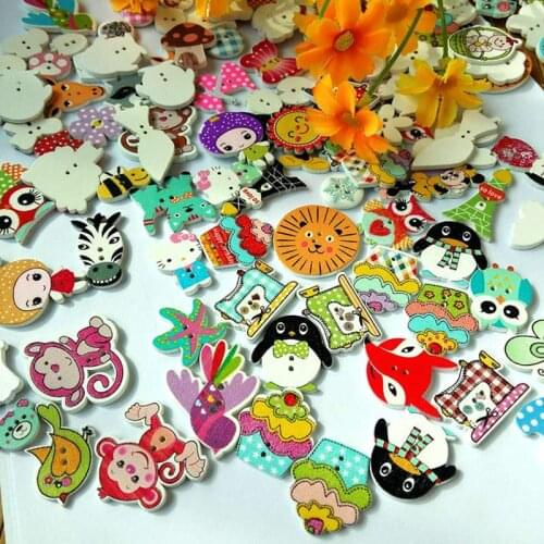 60pcs 2 Holes Assorted Random Mix white background Round and Animals Pattern Cartoons Wood Sewing buttons decorative zmk-0001