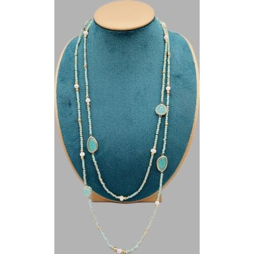 Faceted Cut Irregular Aqua Quartz Long Necklace With 5-6mm White Freshwater Pearls 2mm Crystals And Hammered Gold Beads 50 Inch