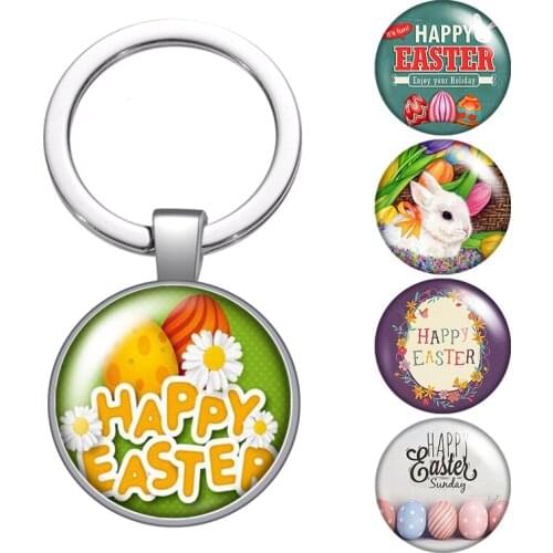 Happy Easter egg rabbit glass cabochon keychain Bag Car key chain Ring Holder Charms silver color keychains for Men Women Gifts