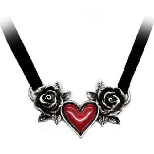Goth Jewelry Necklace Vintage Red Heart Rose Flower Women Velvet Rope Choker Necklaces Halloween Party Dance Accessory Clavicle
