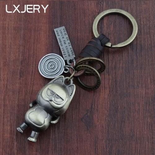 LXJERY Cute Garfield Cat Keychain Leather Weave Key Ring For Women Bag Charm Pendant Key Chain Gifts