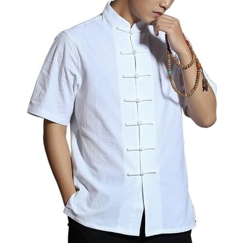 New Short Sleeve Chinese Traditional Linen Shirt Men Martial Arts Kungfu Cotton Linen Shirt 4 Colors White Black Beige Blue