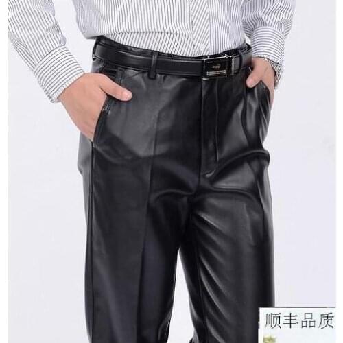 Autumn winter faux leather pants mens water wash plus velvet thicken straight motorcycle thermal motorcycle leather trousers men