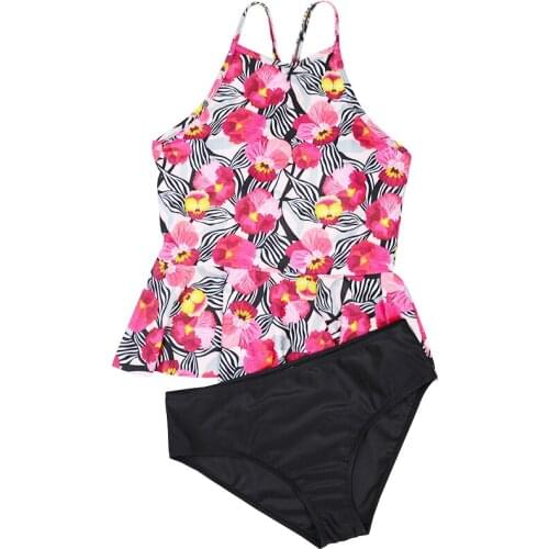 Retro Vintage Plus Size Women Tankini Sets 2021 Ruffle Hem Swimsuit Two Piece Push Up Swimwear Large Size Swimsuit Beach Wear