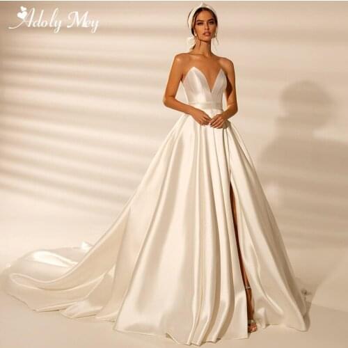 Adoly Mey Romantic V-Neck Front Splite A-Line Wedding Dress 2020 Gorgeous Matte Satin Court Train Bohemian Bridal Gown Plus Size