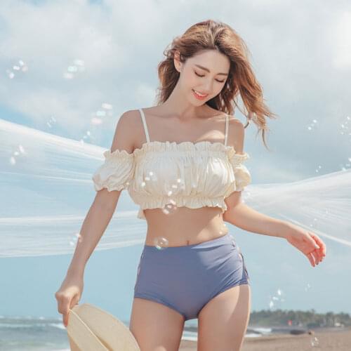 Sexy High Waist Bikini Women Solid Swimwear Off Shoulder Biquini Pleated Swimsuit Short Sleeve Bathing Suit Pad White Swimming