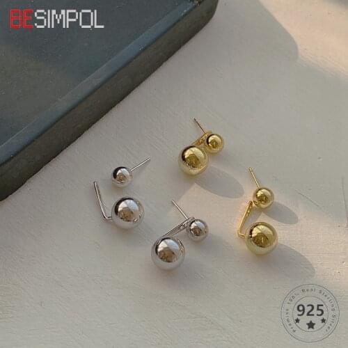 Besimpol Korean Real 925 Sterling Silver Earrings Fashion Simple Gold Round Ball Stud Earrings For Women Luxury Fine Jewelry