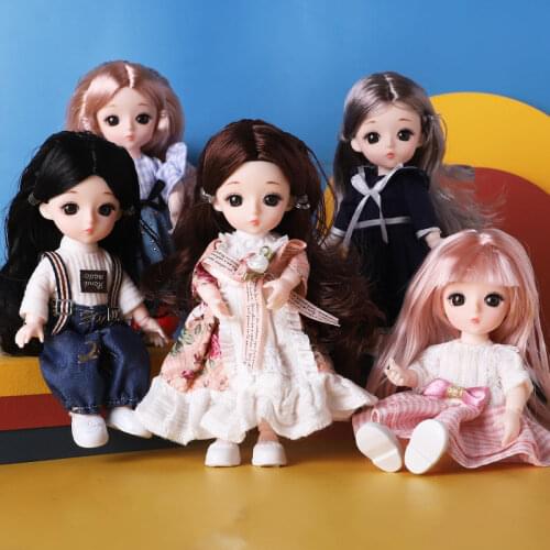 BJD 17 CM Doll Toys For Girls 13 Movable Jointed 3D Black Eyes Beautiful Dress Log Curls Dress up Fashion Doll For Children Gift