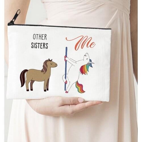 Sister Me Makeup Bag Flowers Horse Printed Canvas Storage Bag Funny Horse Cosmetic Bags for Bride Gift Animal Prints Fashion