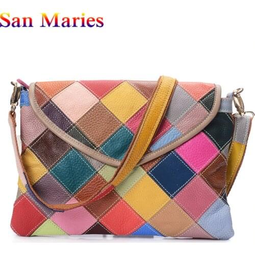 San Maries Patchwork Leather Handbag Cowhide Crossbody Bags for Women 2019 Casual Shoulder Bags