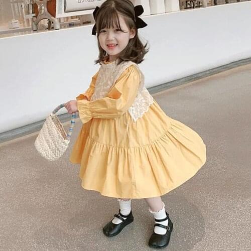 Spring Pleated Lace Dresses for Girls Cotton Flared Sleeves Dresses Sweet Baby Girls Party Dresses Vestidos for Children Clothes