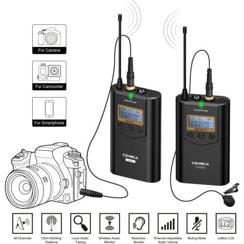COMICA CVM-WM100 Professional UHF 48 Channels and 100m Working Distance Omni-Directional Wireless Lavalier Microphone for Camera