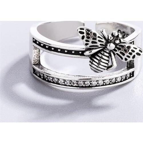Sole Memory Double Decker Retro Bee Shiny Cool 925 Sterling Silver Female Resizable Opening Rings SRI920
