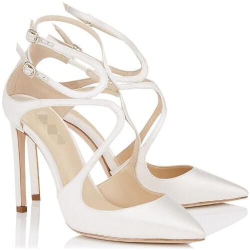 INS hot woman pointed toe high heel dress shoes hollow cross strap pointed toe buckle high heel dress shoes white silver gold