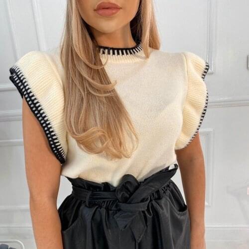 Patchwork Harajuku Ruffles Short Sleeve Sweater Vest Ribbed Fashion Casual O Neck Knitted Vests Women Pullovers Tops Jumper