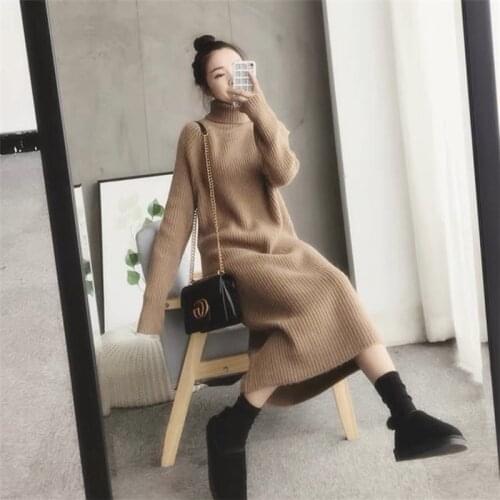 Women Maxi Dress Knitted Turtleneck Dress Loose Long Dresses Thick Sweater Party Dresses