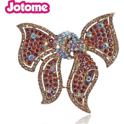 100pcs/lot Gold-Tone Austrian Crystal Bridal Elegant Floral Ribbon Bowknot Brooch