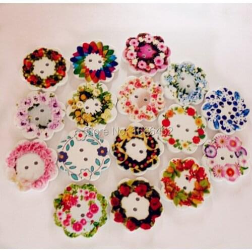 100 Mixed Wood Sewing Buttons Scrapbooking 2 Holes Flower Pattern Shape 20mm For DIY