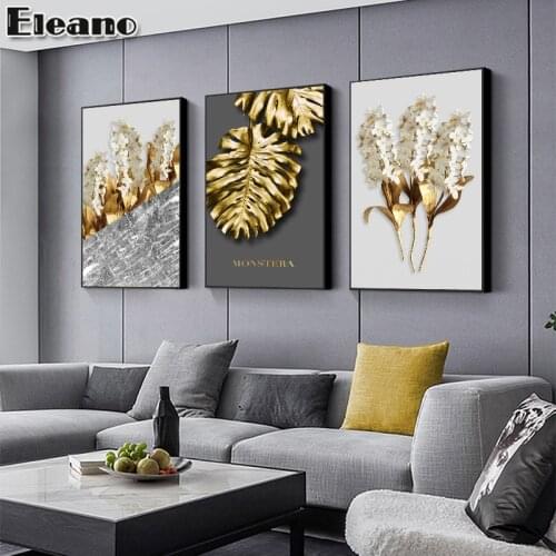 3D Golden Leaf Flower Abstract Art Poster Peony Picture Living Room Decoration Modern Canvas Wall Art Landscape Home Decor