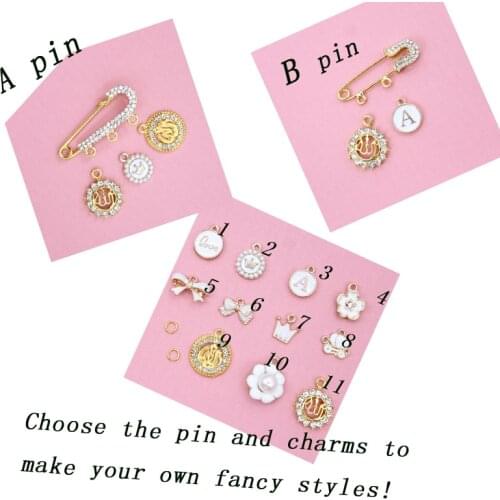 4cm 3 loops crystal rhinestone kids baby brooch pin islam allah pearl crown bow pumpkin flower love letter enamel charms