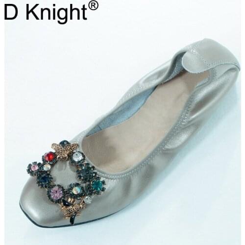 Genuine Leather Ballerina Square Toe Walking Moccasins Large Size Shoes Women Designer Foldable Ballet Flats Ladies Shoes Woman