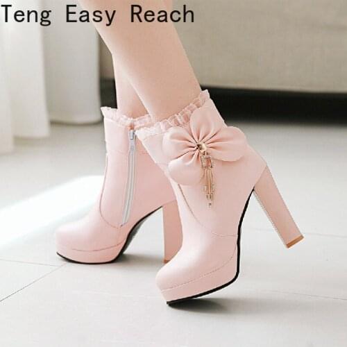 Fashion Women Ankle Boots Round head Comfortable Thick Heel Ladies Boots Side Zipper Women Autumn And Winter Boots Pink White