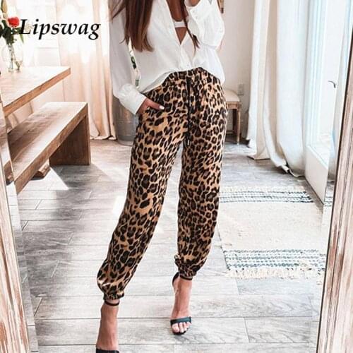 Fashion Solid Satin Trousers Women Summer Casual Leopard Print Street Long Pants Ladies Retro Elastic Mid-Waist Slim Sweatpants