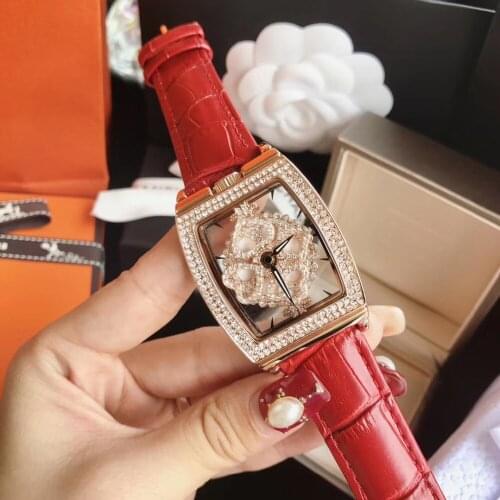 Fashion Tonneau Women Crystals Watches Personalized Transparent Spinning Watch Waterproof Real Leather Rotating Poker Wristwatch