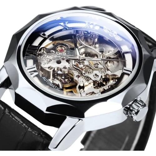 WINNER Fashion Irregular Classic Skeleton Watch for Men Luxury Mechanical Automatic Watches Leather Strap Glow relogio masculino
