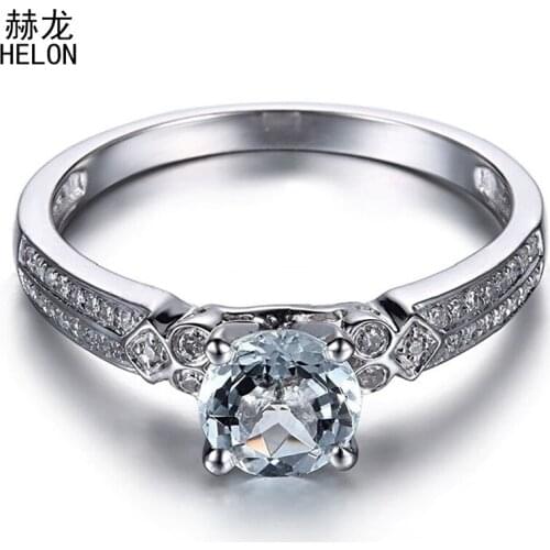 HELON Solid 10K White Gold Flawless 6mm Round Genuine Natural Aquamarine & Diamond Engagement Wedding Trendy Fine Jewelry Ring