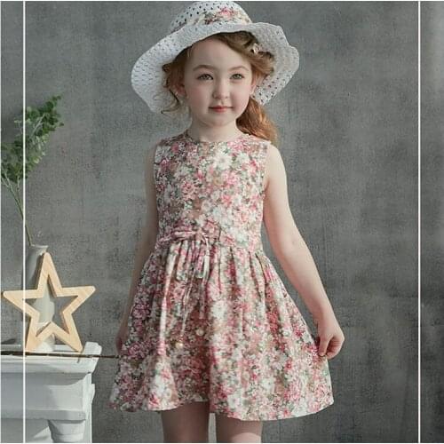 Girl Dress+Hat Set 2 3 4 5 6 7 Years Summer 2021 Cotton Sleeveless Beach Floral Dress Pink Blue Kids Dresses for Girls Clothing