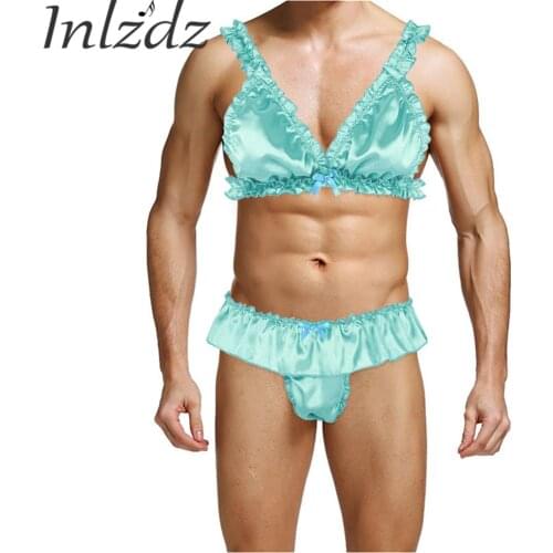 Gay Sissy Crossdresser Lingerie Set Mens Fancy Sissy Clothing Bra Top with Thong Briefs Satin Elastic Sissy Sex Underwear Set