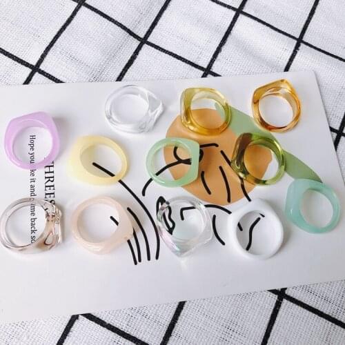 Fashion 2021 Trendy Acrylic Resin Geometric Square Round Ring Set Transparent Fresh Jewelry Travel Gift