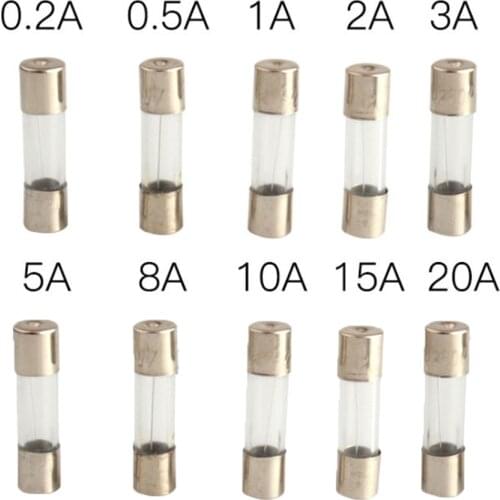 100PCS/Box Kit 0.2A-20A 5x20mm Fuse Kits DIY Quick Blow Glass Tube Fuses