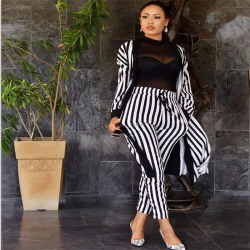 2021 Clothing New Fashion Popite WomenS Suit With Suspender Skirt Belt Cape Black And White Stripe Long Sleeve Two-Piece S