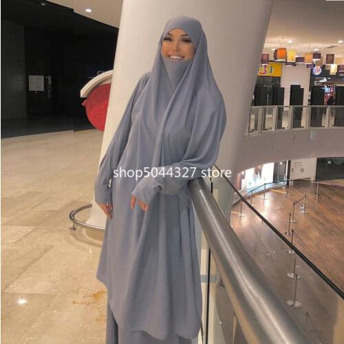Eid Ramadan Two Piece Prayer Set Abaya Headcover Hijab Dress Kaftant Muslim Women Jilbab Khimar with Skirt Islam Dubai Clothing