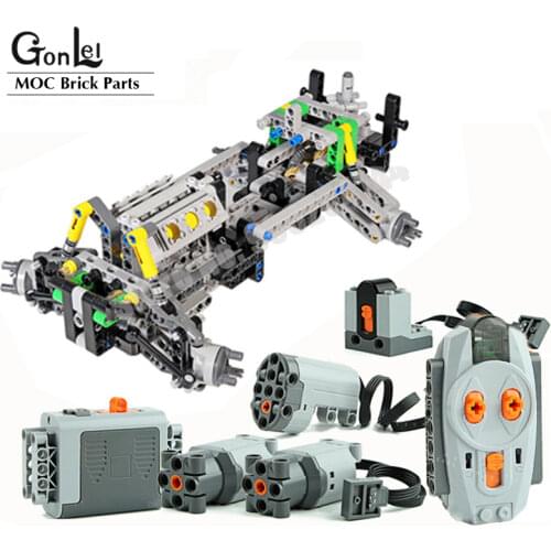 MOC Steering Chassis Independent wheel Shock Absorber Suspension System fake V6 engine Speed Gearbox for Off-Road Blocks Toy