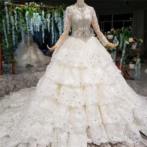 Serene Hill High-end Luxury Champagne Wedding Dress 2019 Long Sleeve Diamond Tiered Princess Bridal Gown Custom Made CHX0007