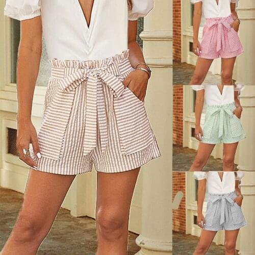 2021 Summer Striped Pockets Loose Ladies Elastic Band Elastic High Waist Shorts Vacation Professional Shorts Beach