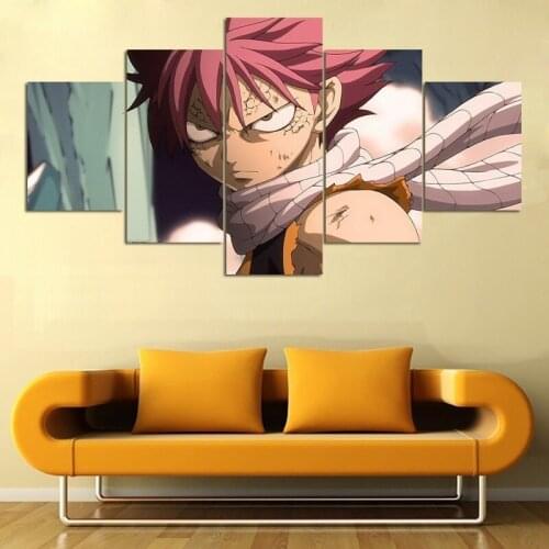 Modern Canvas Painting 5 Panel Fairy Tail Natsu Dragneel Modular Anime Pictures Printed Poster Wall Art Living Room Home Decor