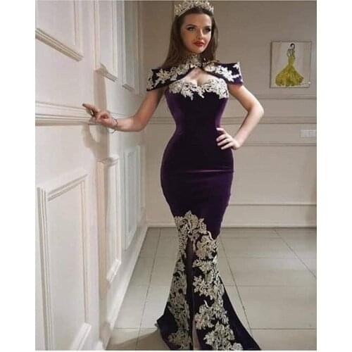 Dark Purple Velvet Mermaid Evening Dresses Applique Sexy Split Prom Dress High Neck robe de soirée de mariage Party Gowns