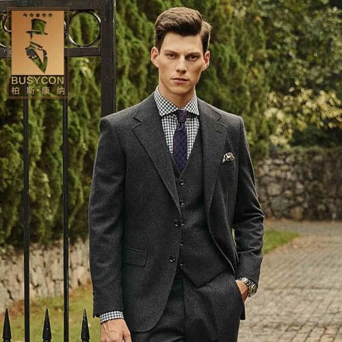 Dark Grey Wool Men Suits For Wedding 2019
