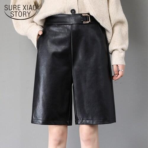 Spring Winter Wide Leg High Waisted Sexy Shorts New PU Leather Black Shorts Casual Loose Women Trousers Female Pockets 12134