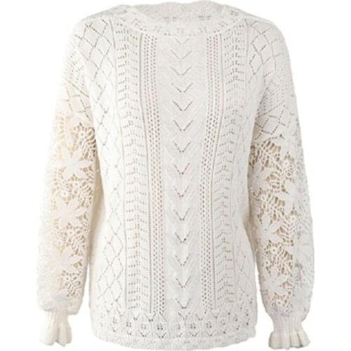 Spring Autumn Lace Hollow Out Long Sleeve Black Kniited Sweater Womens 2021 Knitwera Fashion Loose Pullover Female Pull Tops