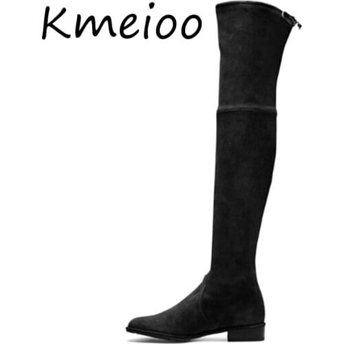 Kmeioo shoes woman Winter Pointed Toe Thigh High Over The Knee Women Boots Stretch Suede Flat Heel Tall US Size 5-15