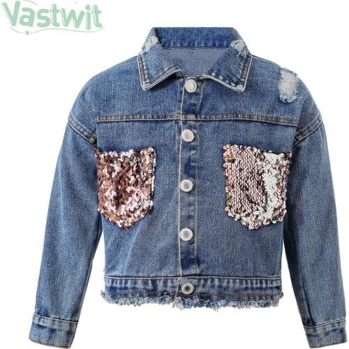 1-8T Kids Denim Jackets For Girls Toddler Kid Baby Girl Spring Children Clothing Shiny Sequins Long Sleeve Sweet Coat Outwear