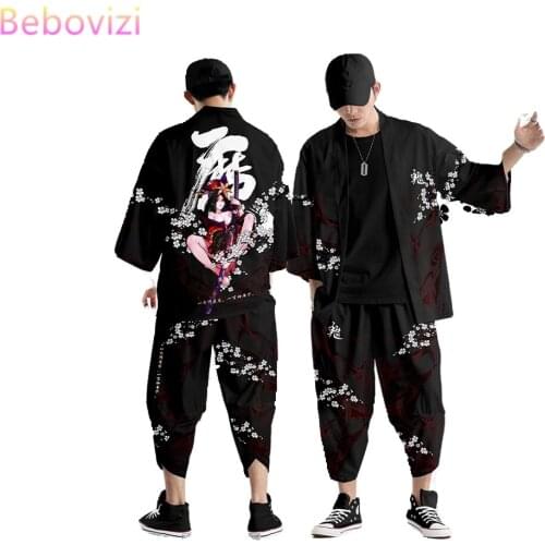 Plus Size XS-6XL Loose Succubus Fashion Japanese Kimono Suit Samurai Harajuku Cardigan Women Men Cosplay Yukata Tops Pants Set