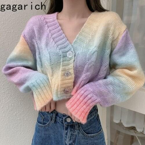 Gagarich Women Sweet Cardigan 2020 Autumn New Long-Sleeved Tie-Dye Sweater Loose V-neck Short Navel Tops Ladies Fashion